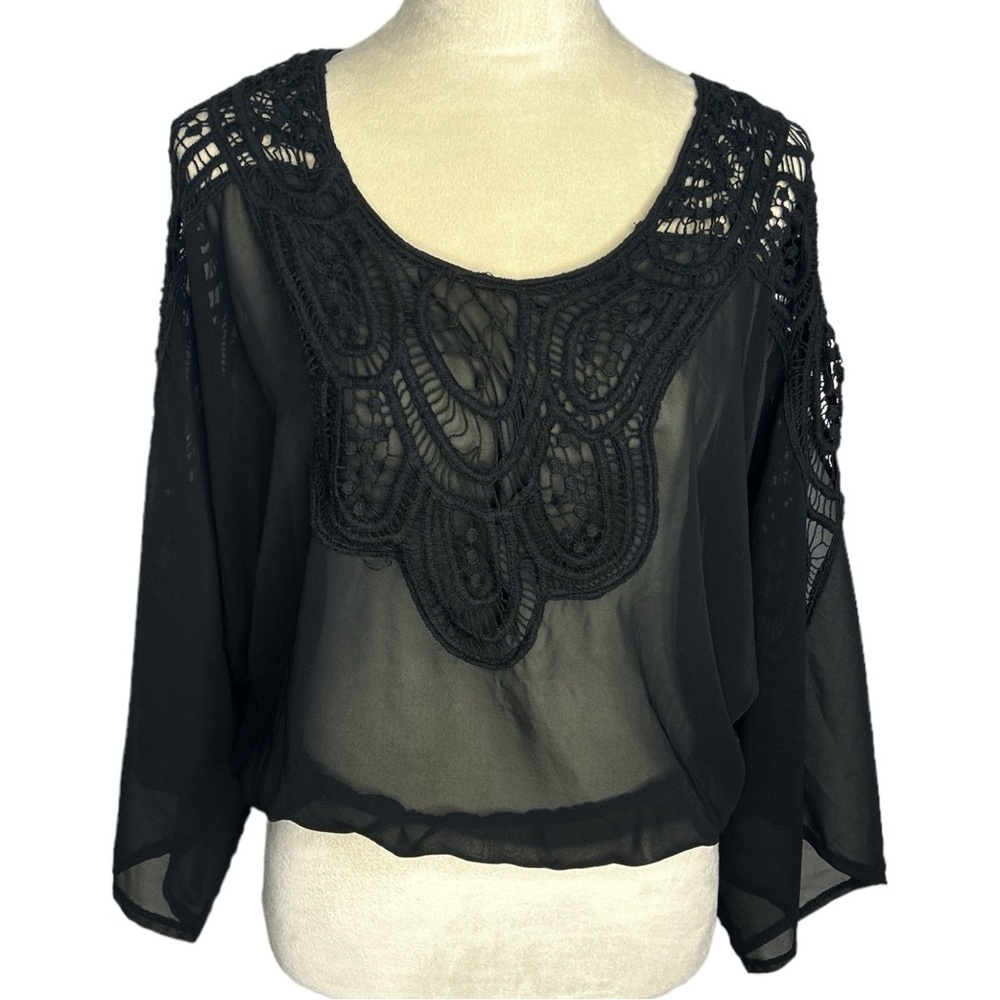 Ciel black sheer crochet‎ lace trim blouse, small